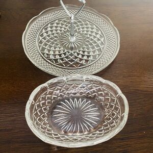 Vintage Pressed Glass Serving Tray w/ Handle + Matching Bowl Set